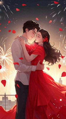 烟花中情侣在情人节的夜晚里拥抱亲吻,红色爱心气球爱情甜蜜 烟花中情侣在情人节的夜晚里拥抱亲吻,红色爱心气球爱情甜蜜