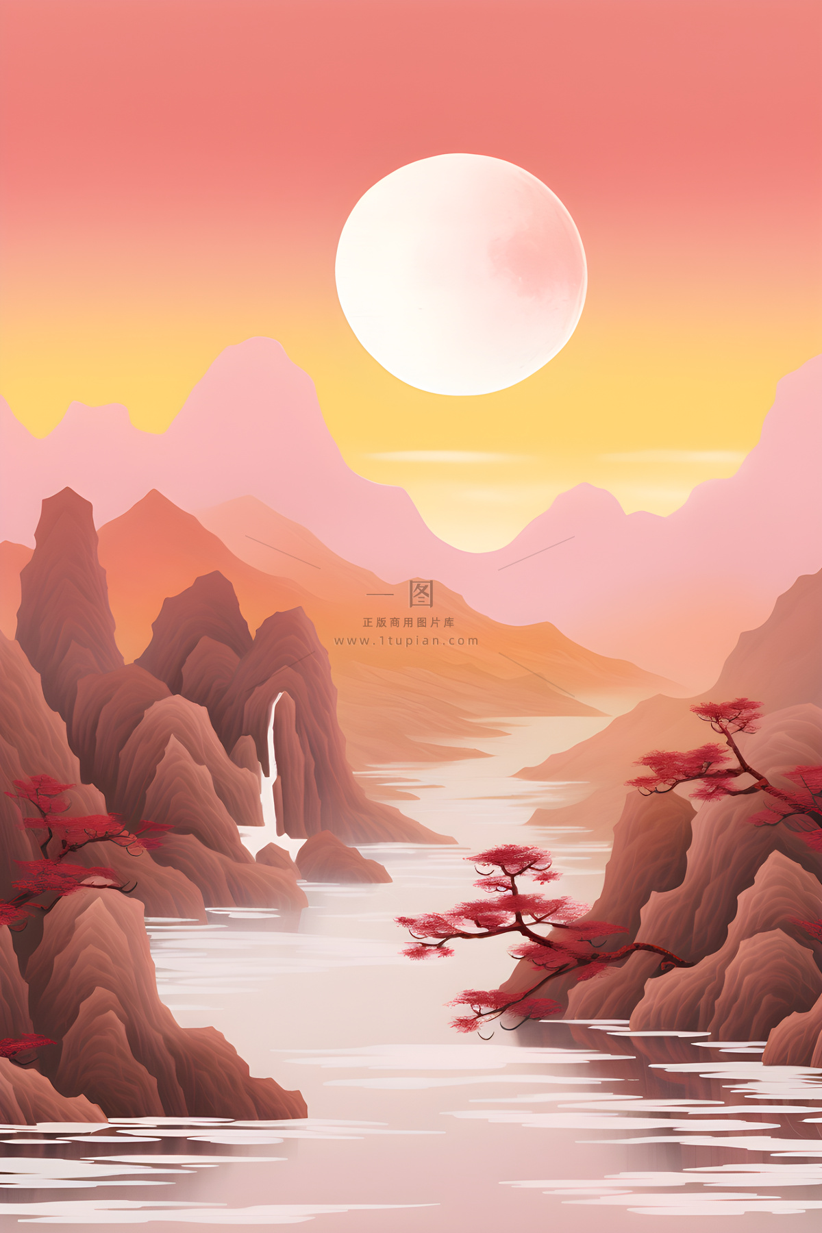 红色简约月光山脉背景