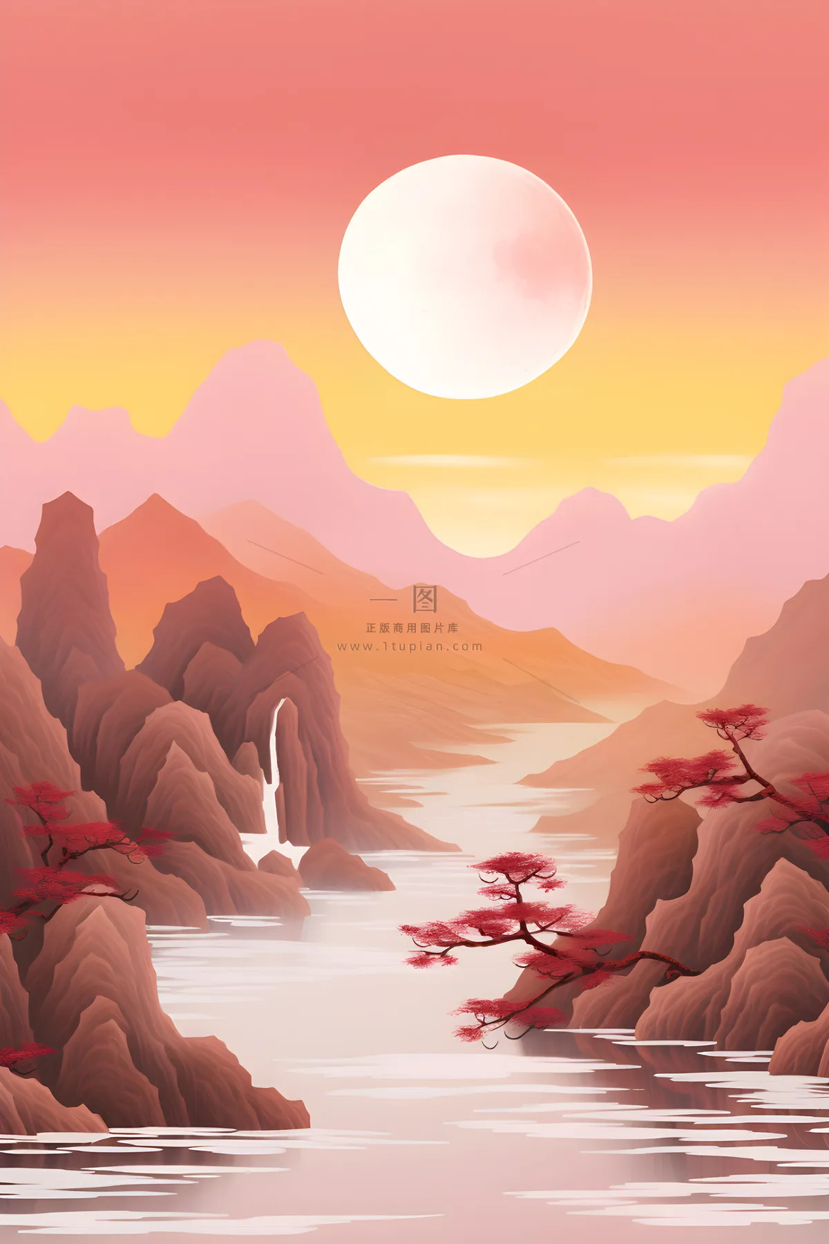 红色简约月光山脉背景