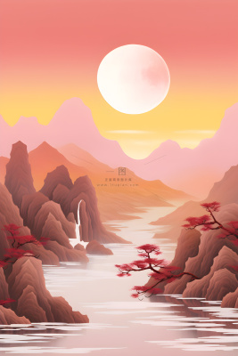 红色简约月光山脉背景 红色简约月光山脉背景