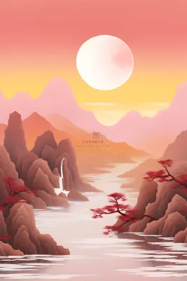 红色简约月光山脉背景 红色简约月光山脉背景