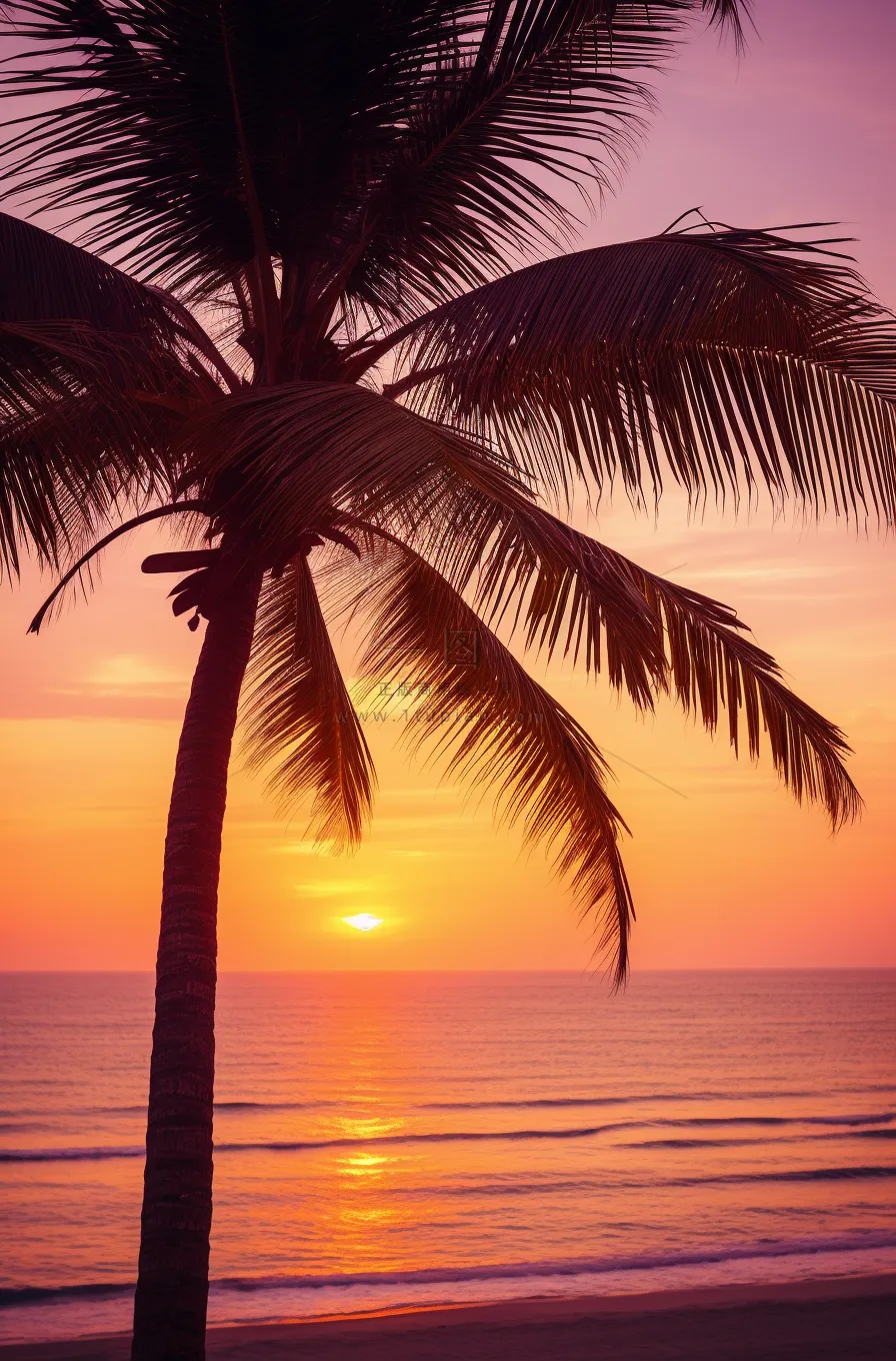 海边沙滩夕阳晚霞日出椰树摄影图