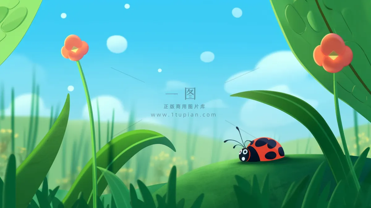 卡通插画草丛花朵瓢虫昆虫素材背景
