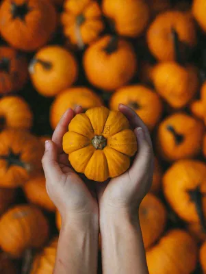 秋天秋收南瓜手捧南瓜实物摄影图