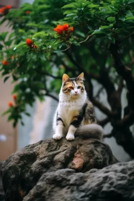 假山上的三花猫咪红茶花树下摄影图