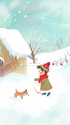 冬天雪山白雪地木屋女孩牵着狗游玩可爱卡通插画立冬大雪小雪背景