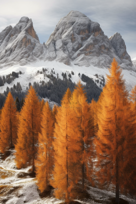 秋天雪山上的黄树风景摄影图