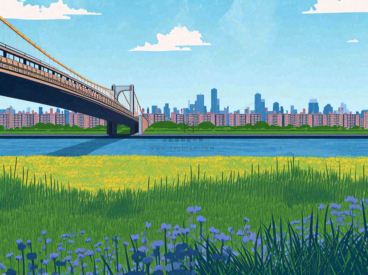 城市河边草地交通风景,春天阳光蓝天白云手绘插画