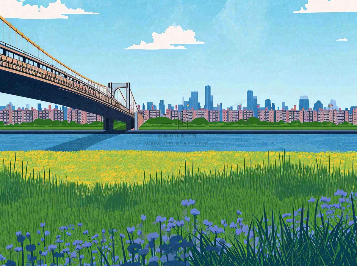 城市河边草地交通风景，春天阳光蓝天白云手绘插画