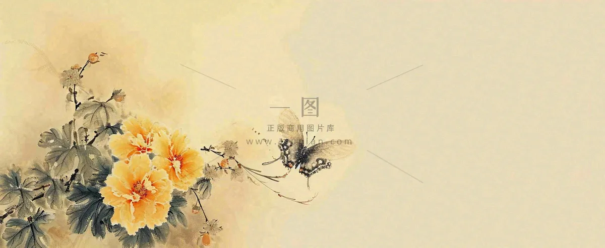 温馨纹理橙色花朵鲜花蝴蝶意境唯美渐变，中国风