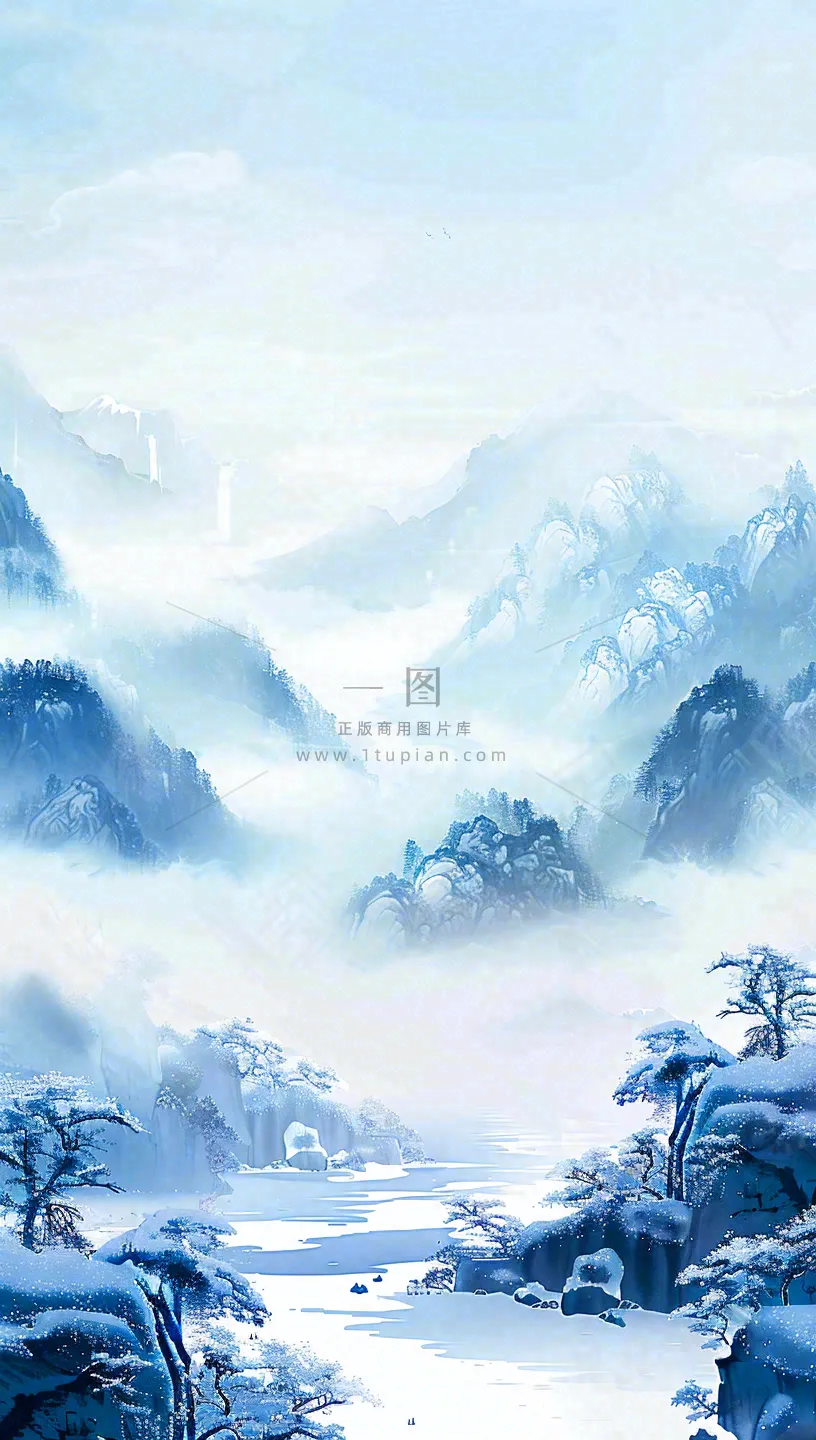 冬天白雪覆盖寒冷唯美雪景小寒插画背景