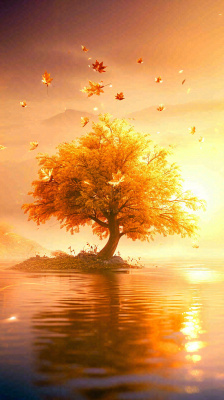 秋天树木的秋叶在河面上飘扬，金黄色温馨，秋分