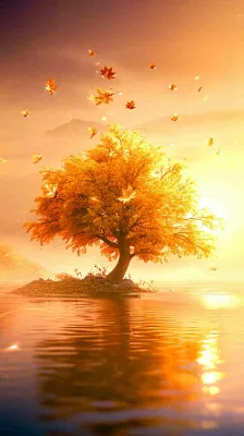 秋天树木的秋叶在河面上飘扬，金黄色温馨，秋分