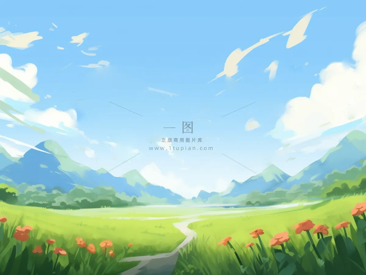 春天草坪草原绿叶花丛蓝天白云卡通插画背景