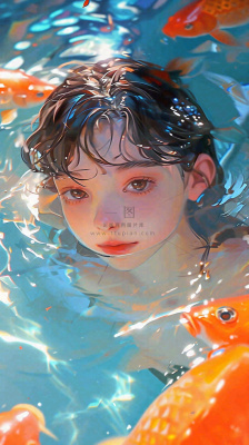 阳光泳池游泳人物男女，金鱼水面海上，反光色彩摄影图