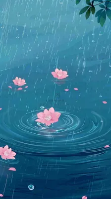 雨天雨滴低落水面泛起涟漪粉色花朵雨水谷雨寒露背景