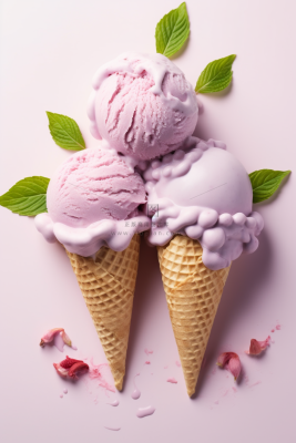 香芋冰淇淋球融化紫色背景摄影图