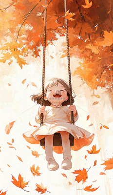 秋天秋叶少女儿童荡秋千玩耍,可爱手绘插画 秋天秋叶少女儿童荡秋千玩耍,可爱手绘插画