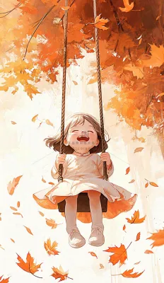 秋天秋叶少女儿童荡秋千玩耍,可爱手绘插画 秋天秋叶少女儿童荡秋千玩耍,可爱手绘插画