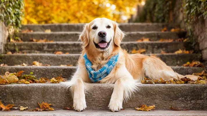 秋天公园台阶上的金毛犬狗宠物摄影图
