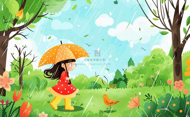 春天雨季女孩打伞在森林公园里嬉戏小草花丛鸟春游踏青雨水谷雨卡通插画背景 春天雨季女孩打伞在森林公园里嬉戏小草花丛鸟春游踏青雨水谷雨卡通插画背景