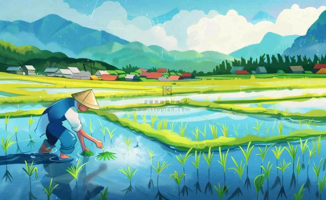 水彩手绘谷雨农夫插秧小满芒种蓝色清新背景插画