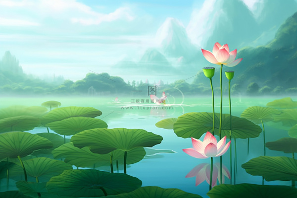 简约大气意境绿色荷花背景 简约大气意境绿色荷花背景