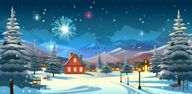 冬季雪天圣诞小镇装饰夜晚节日氛围卡通插画背景