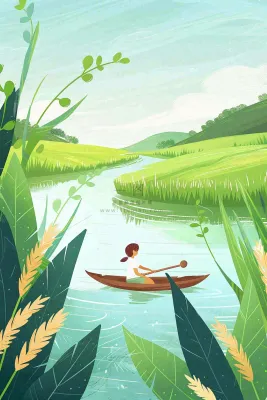 春天小麦田里的河流女孩坐船小麦麦穗小满芒种惊蛰卡通插画背景 春天小麦田里的河流女孩坐船小麦麦穗小满芒种惊蛰卡通插画背景