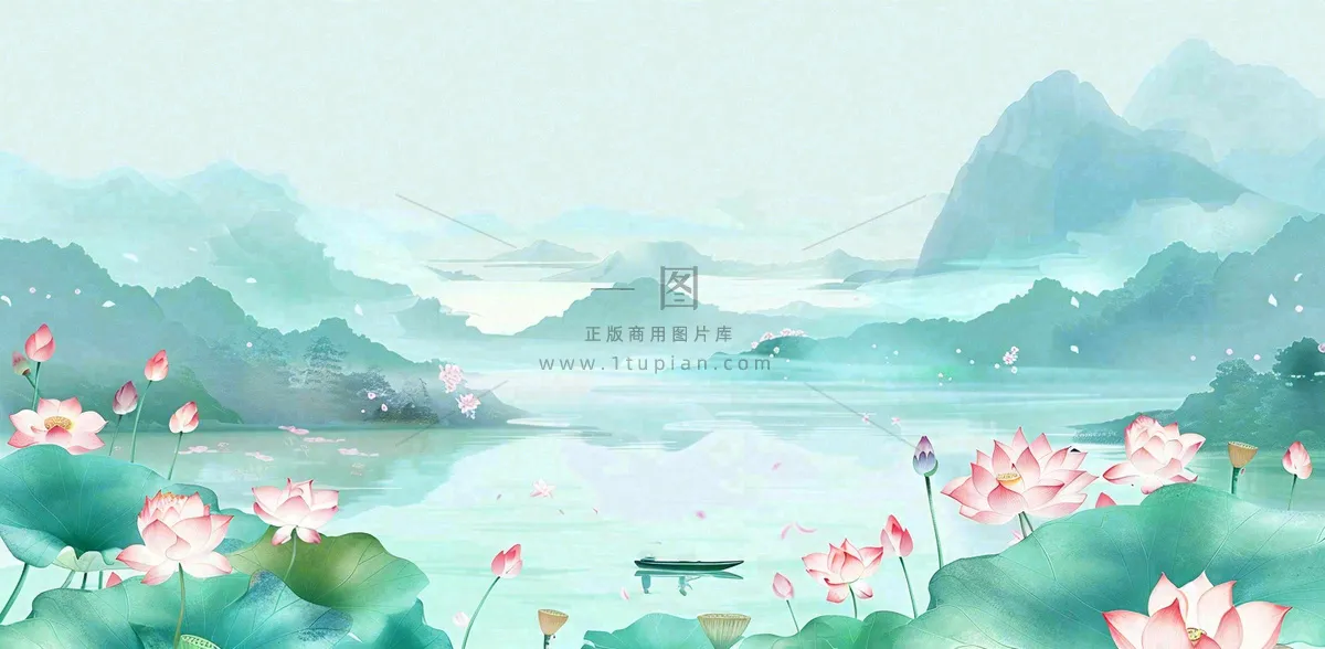 夏天山水荷花莲花清凉淡雅绿色中国风插画夏至大暑小暑背景