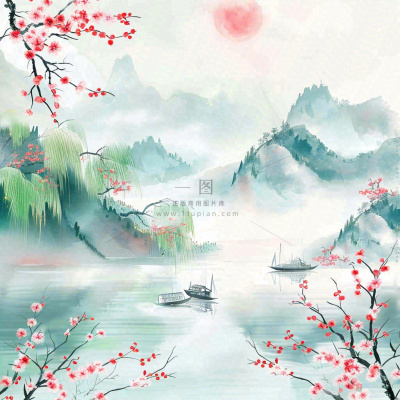 水墨江南山水画桃花青山春分清明惊蛰节气背景 水墨江南山水画桃花青山春分清明惊蛰节气背景