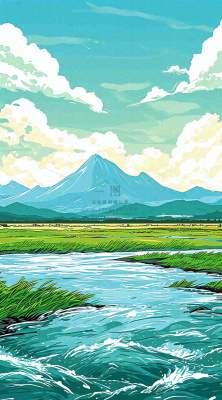 春天阳光灿烂远处的高山和田野春意盎然手绘卡通画