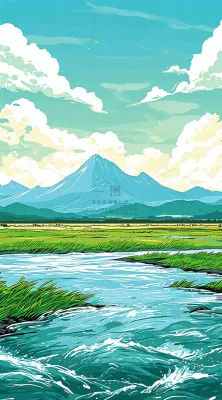 春天阳光灿烂远处的高山和田野春意盎然手绘卡通画