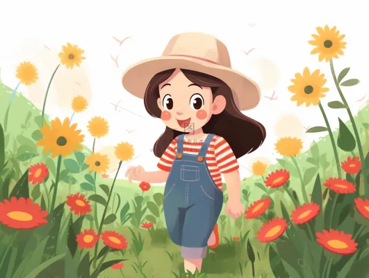 小女孩走在花丛中美丽的花朵花匠卡通插画背景