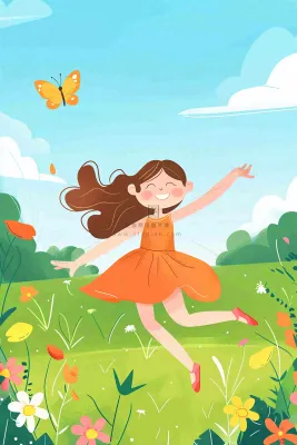 蓝天白云草坪翩翩起舞的小女孩儿童节卡通插画背景 蓝天白云草坪翩翩起舞的小女孩儿童节卡通插画背景