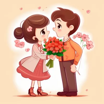 520情人节情侣亲吻送花插画素材背景