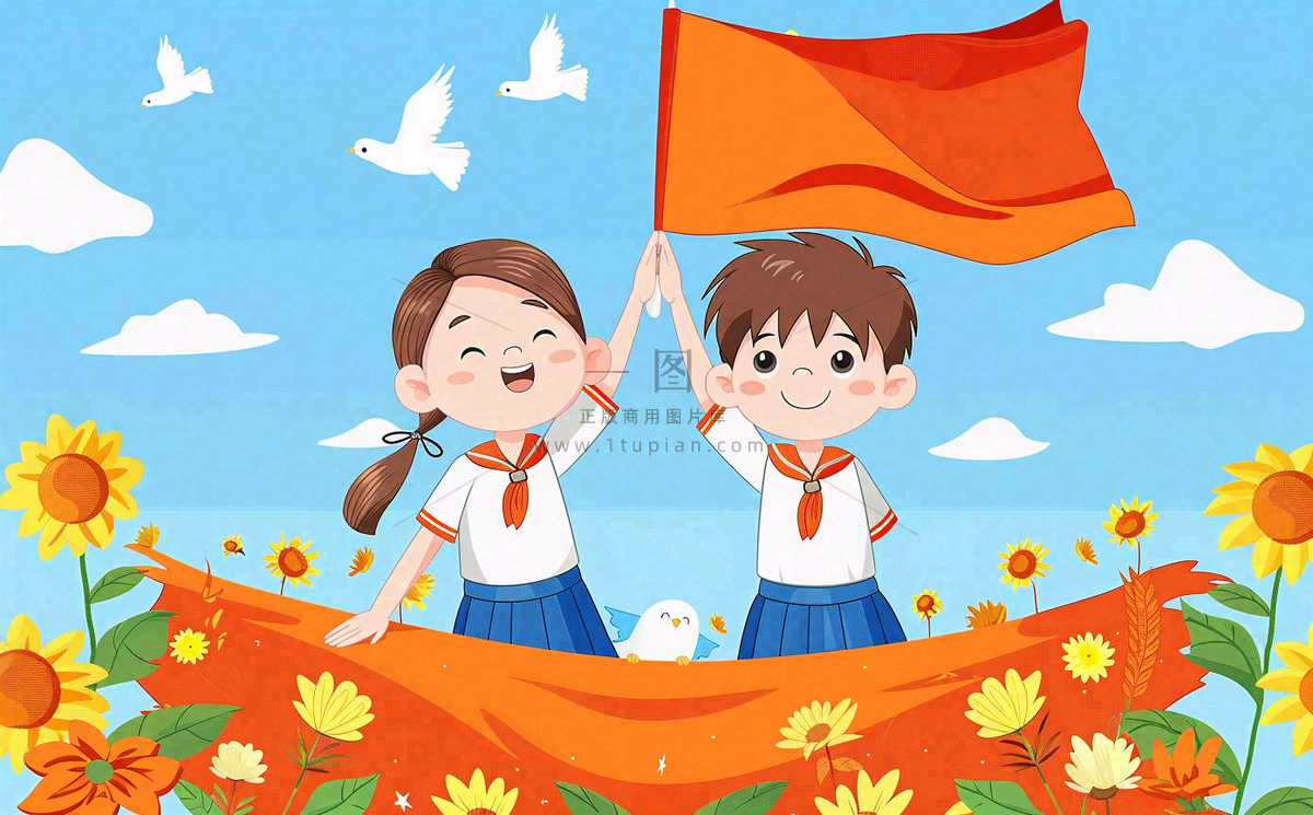 红色国庆节少先队员旗帜向日葵插画十一国庆节插画背景