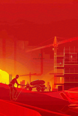 红色工地指挥工人职业人物剪影劳动节插画背景 红色工地指挥工人职业人物剪影劳动节插画背景