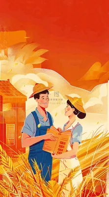 红色插画土地收成粮食农民辛勤劳作劳动节卡通插画背景
