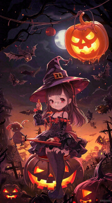 万圣节夜晚黑色南瓜恐怖卡通小鬼手绘插画