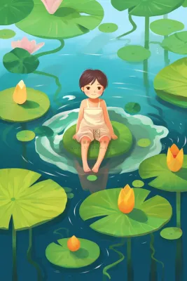 夏日女孩在睡莲荷叶水里玩水水里泛起碧波卡通插画