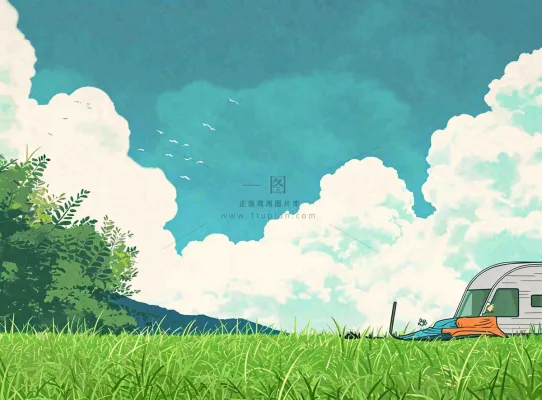 春天夏日清新草坪房车旅行露营玩耍手绘插画