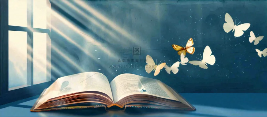 阅读书本翻开蝴蝶纷飞阳光透过窗户知识遨游世界读书日创意卡通插画背景 阅读书本翻开蝴蝶纷飞阳光透过窗户知识遨游世界读书日创意卡通插画背景