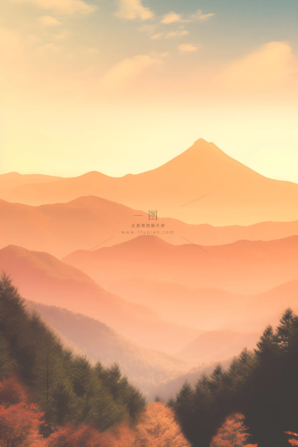 落日秋天树叶黄色山脉意境背景