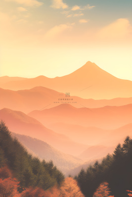 落日秋天树叶黄色山脉意境背景 落日秋天树叶黄色山脉意境背景