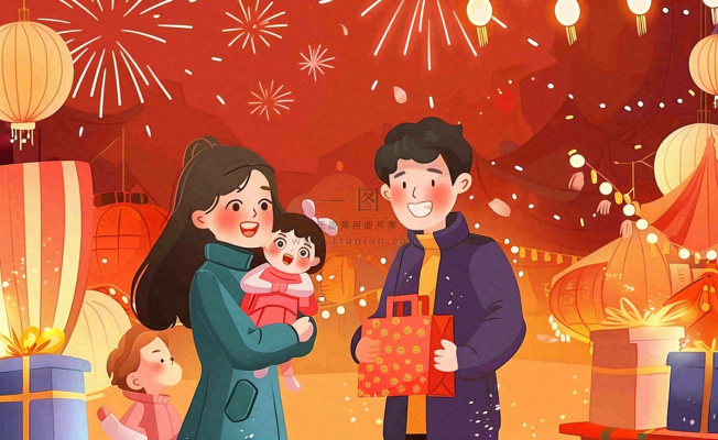 新年春节回家过年团聚送礼物热闹喜庆欢庆卡通插画背景