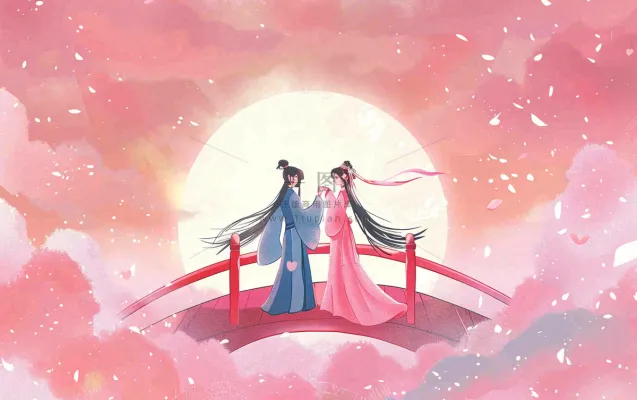 七夕牛郎织女鹊桥相会情侣恋人粉色浪漫梦幻唯美情人节插画背景