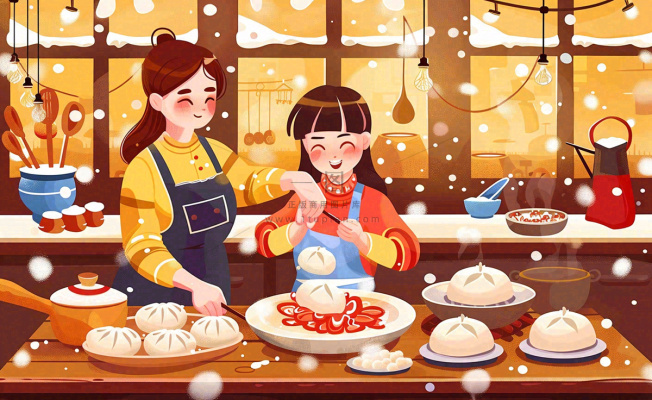 全家福彩色卡通手绘春节除夕初一全家人包饺子包子年夜饭冬至温馨插画背景