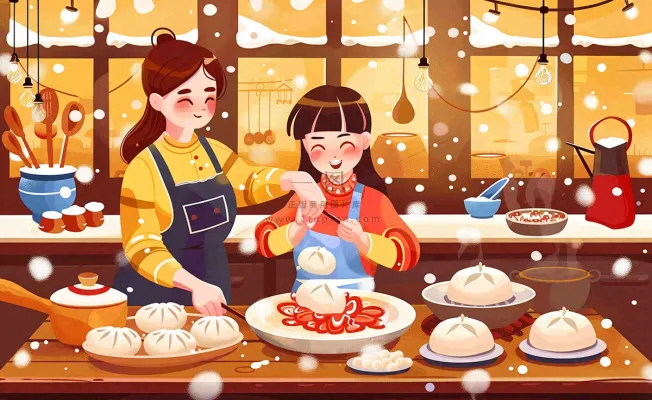 全家福彩色卡通手绘春节除夕初一全家人包饺子包子年夜饭冬至温馨插画背景