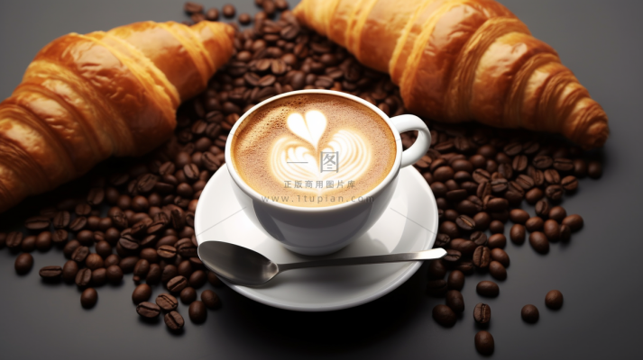 下午茶咖啡拉花面包牛角包摄影图